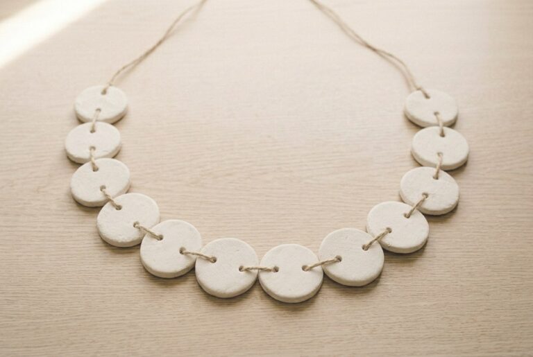 A finished clay disc garland hanging in soft daylight