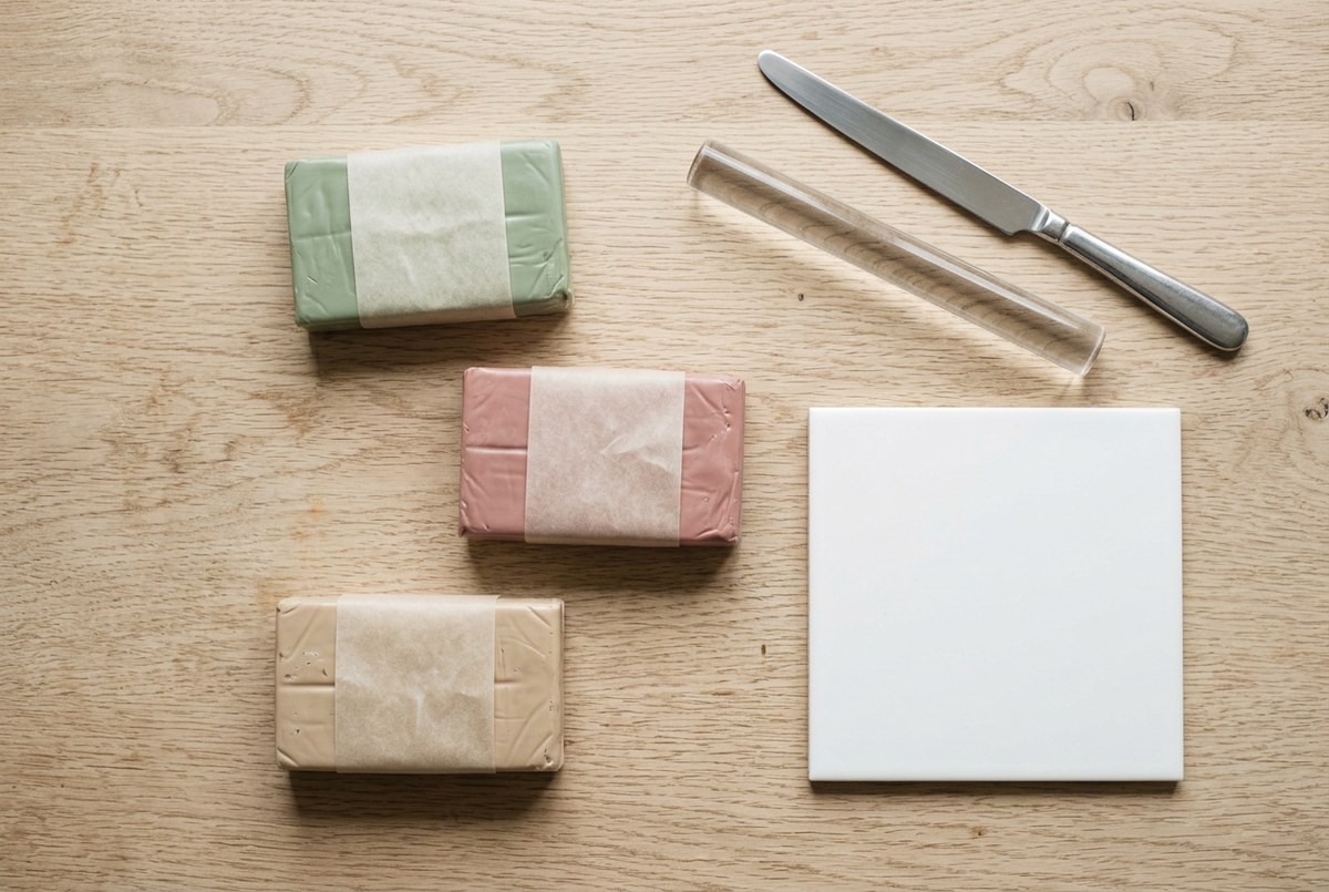 Blocks of polymer clay, an acrylic roller, a tissue blade and a ceramic tile