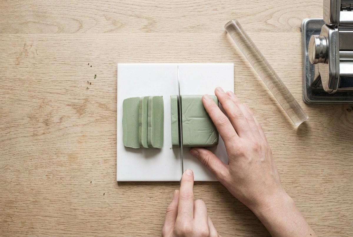 A tissue blade cutting a block of polymer clay into thin even slices