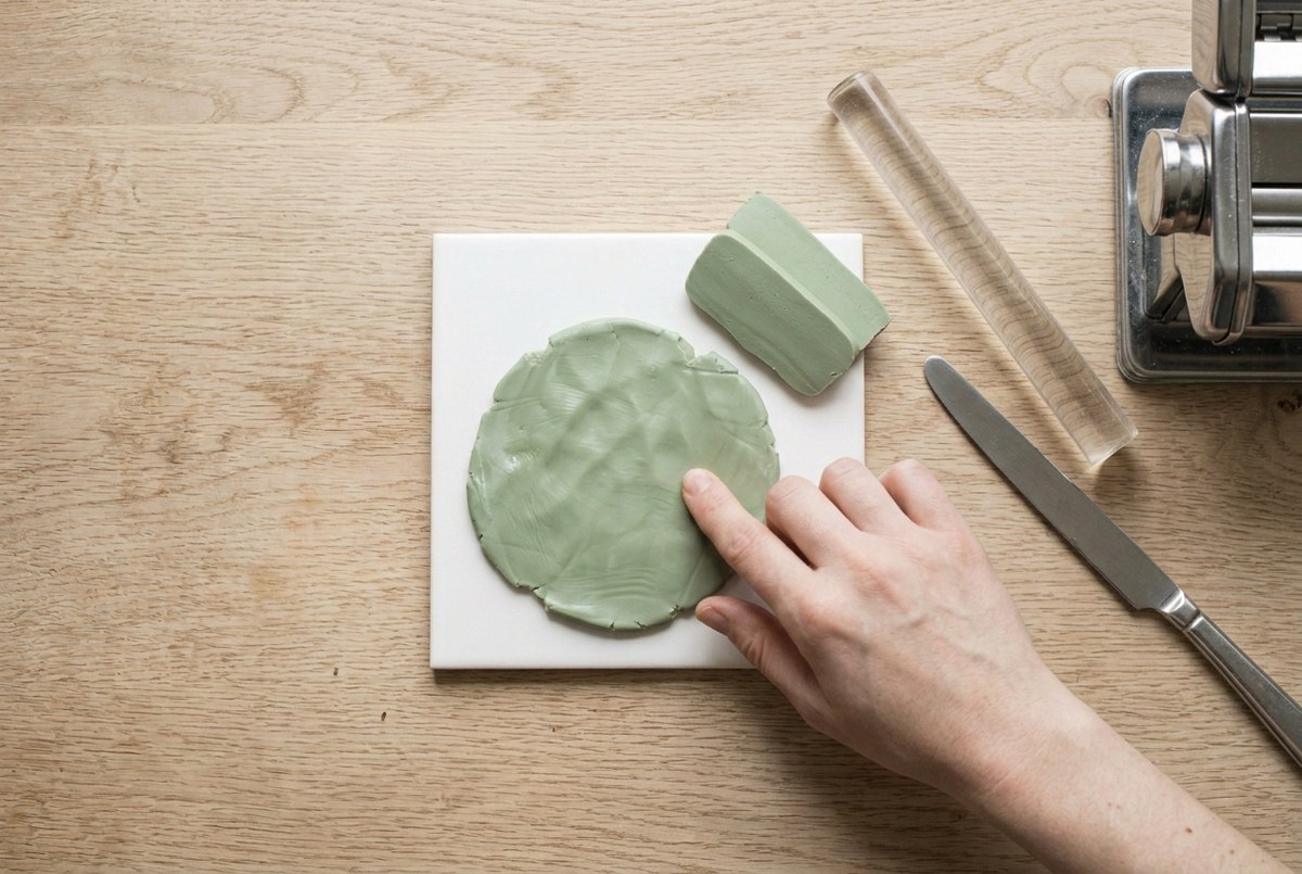 A slice of polymer clay being pressed flat under the heel of a palm