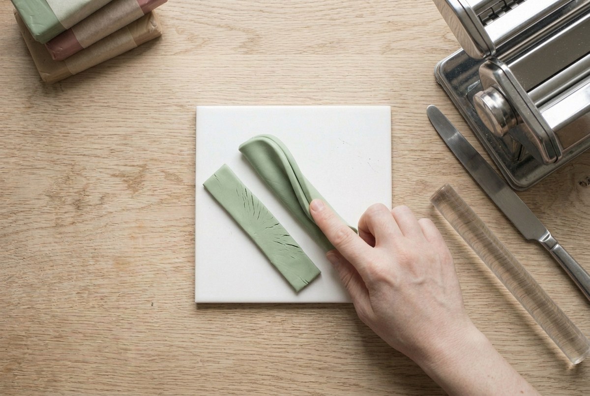 A strip of polymer clay folded to show a smooth crack-free bend
