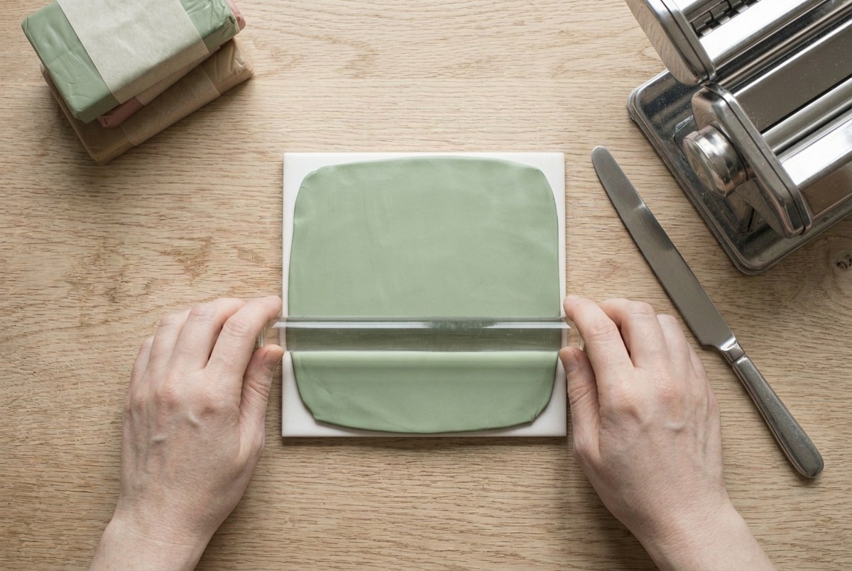 A clear acrylic roller flattening polymer clay into an even sheet
