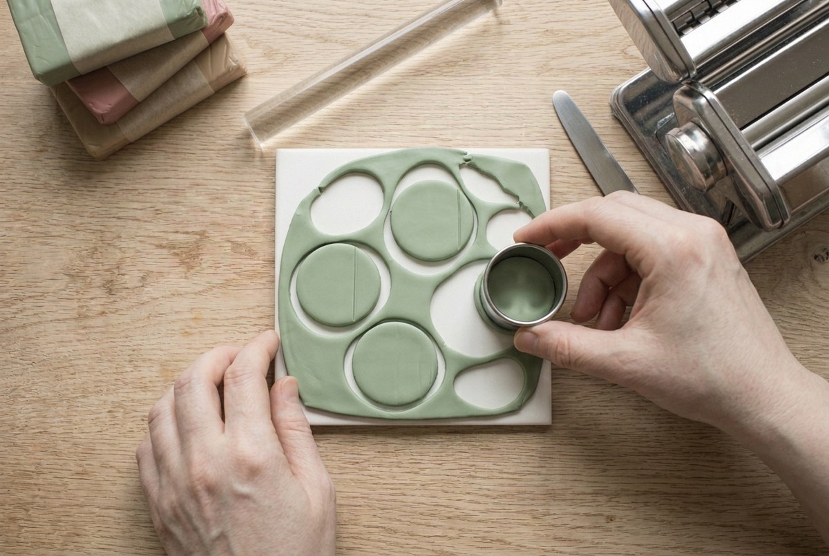 Round pendant shapes cut from a polymer clay sheet on a ceramic tile