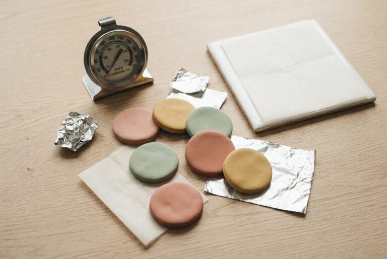 Evenly baked polymer clay discs beside an oven thermometer on a pale oak desk