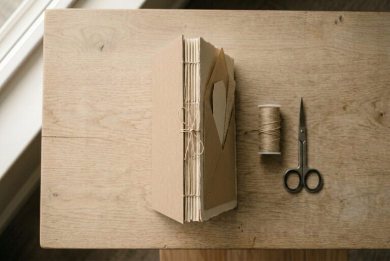 A finished kraft-covered junk journal open on a pale oak desk