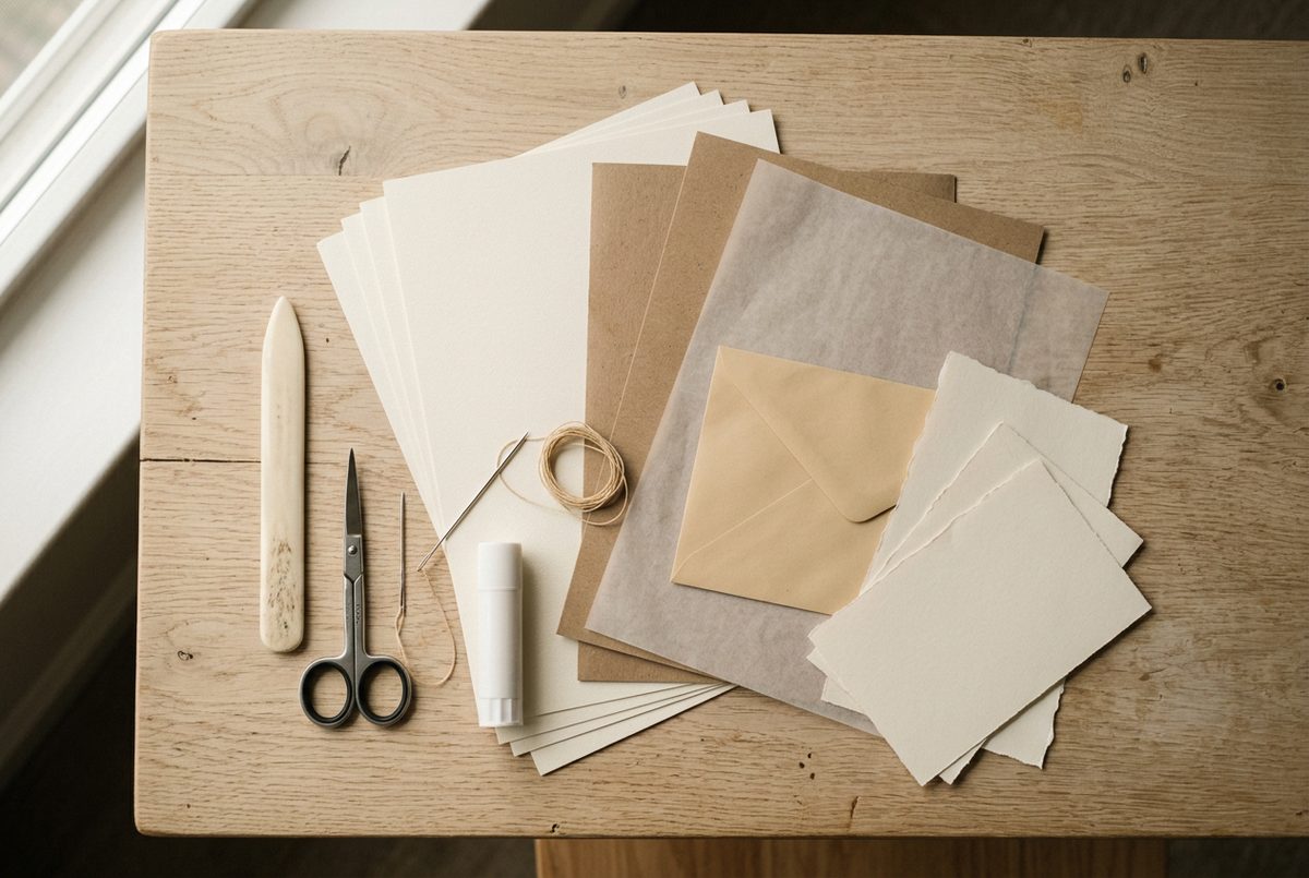 Plain scrap papers, kraft card and offcuts spread out on a pale oak desk