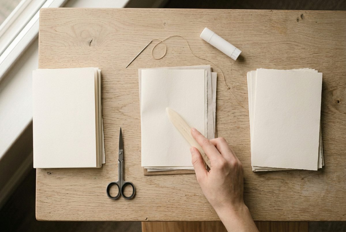 A stack of four papers being folded in half with a bone folder