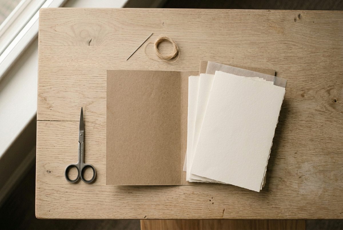 A heavy kraft card cover scored and folded around the paper signatures