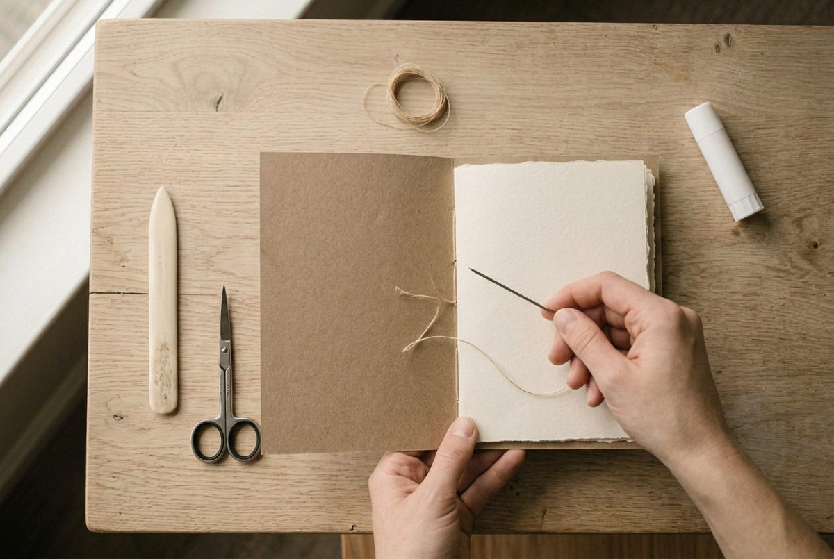 A needle drawing waxed thread through three pierced holes in a journal spine