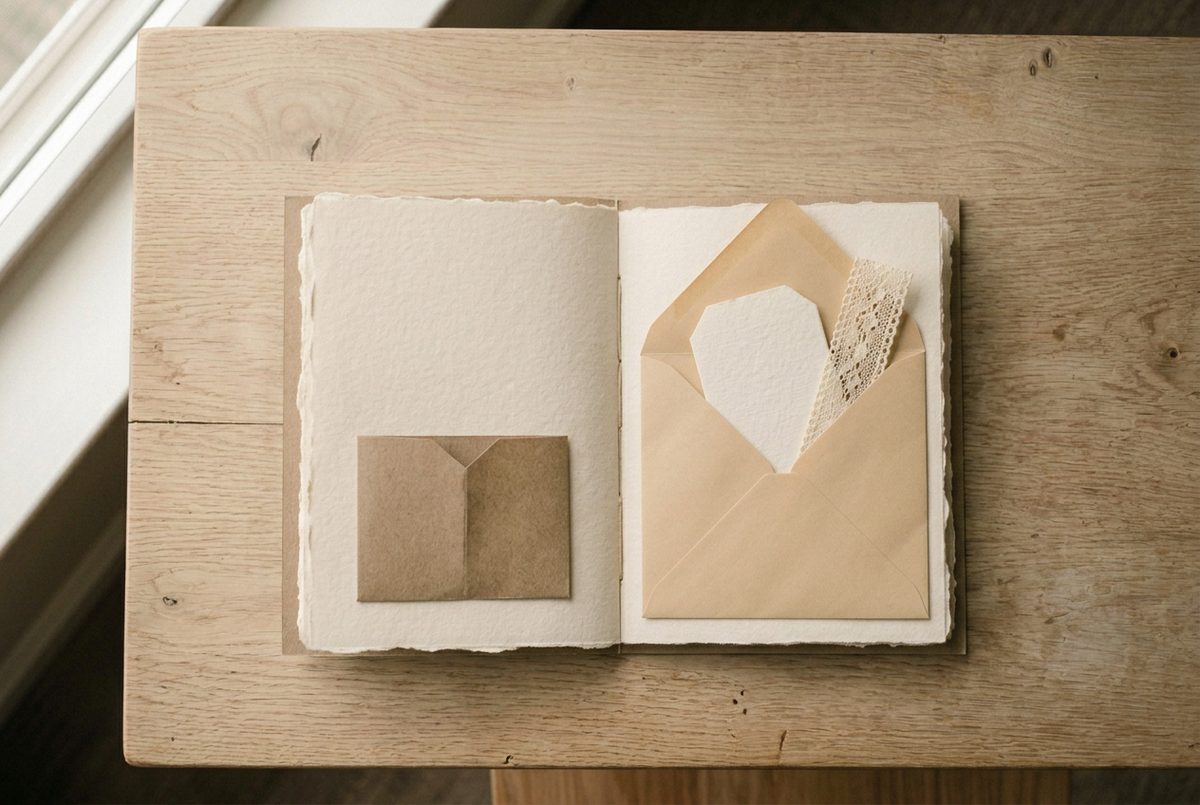 A plain envelope glued into a journal page as a pocket for loose scraps