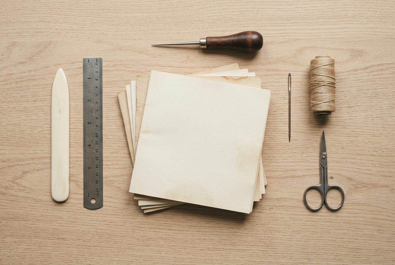 Blank cream paper, a bone folder, an awl and waxed thread