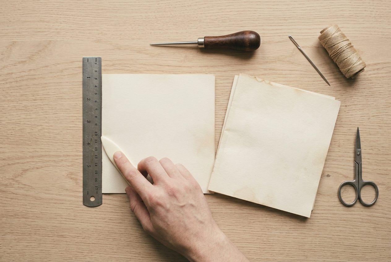 A bone folder creasing blank cream sheets into a folded signature