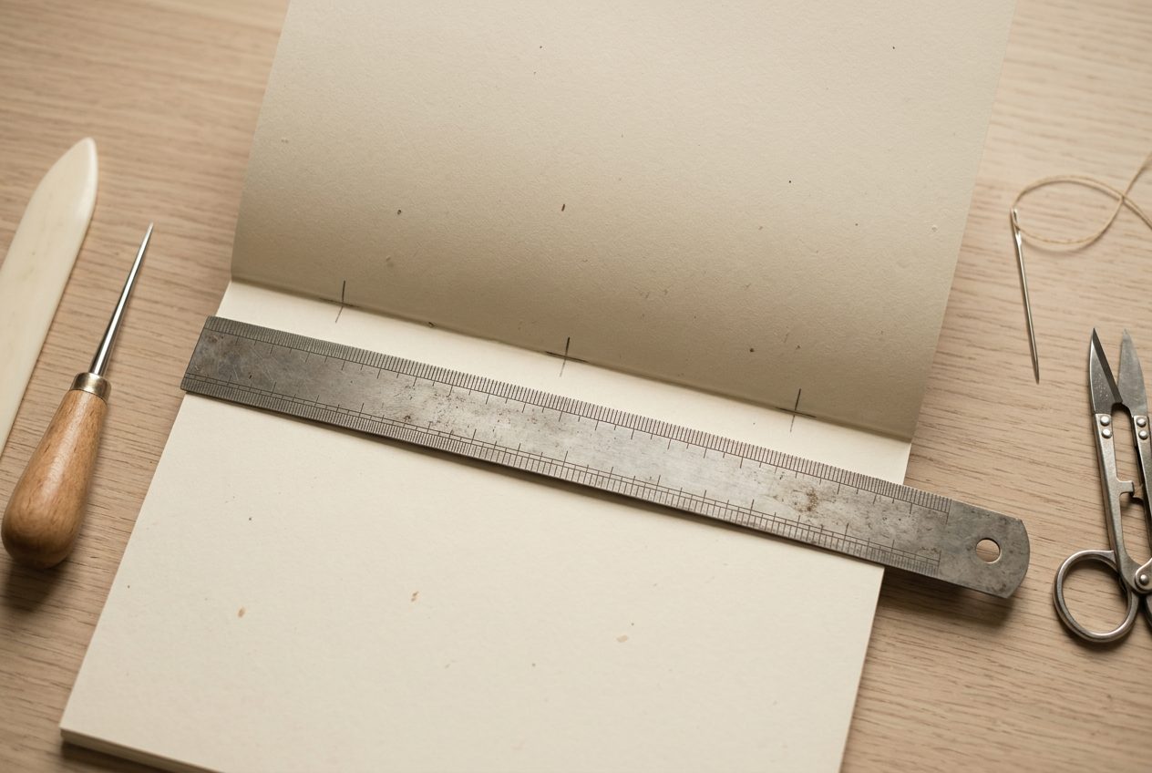 A ruler marking three hole positions along the inside fold