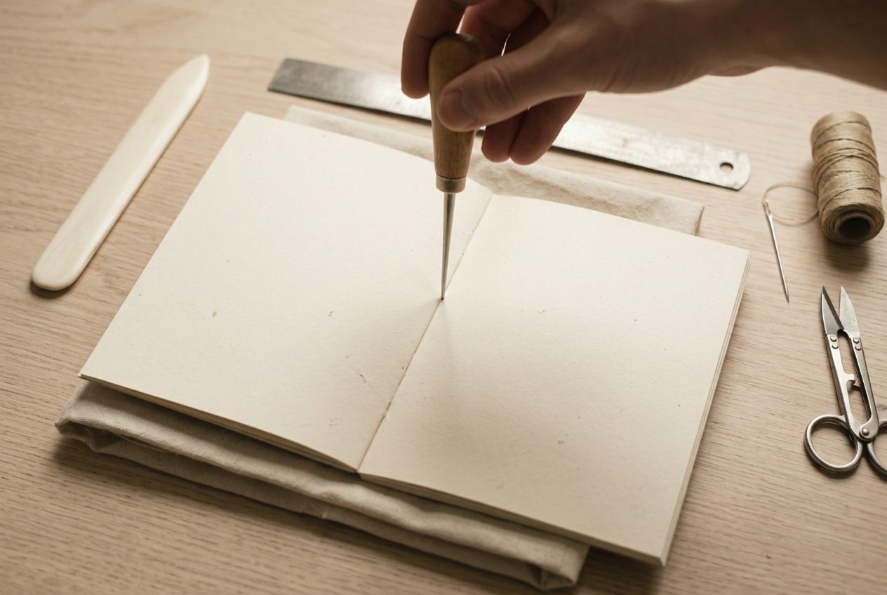 An awl piercing through the fold from inside onto a folded cloth