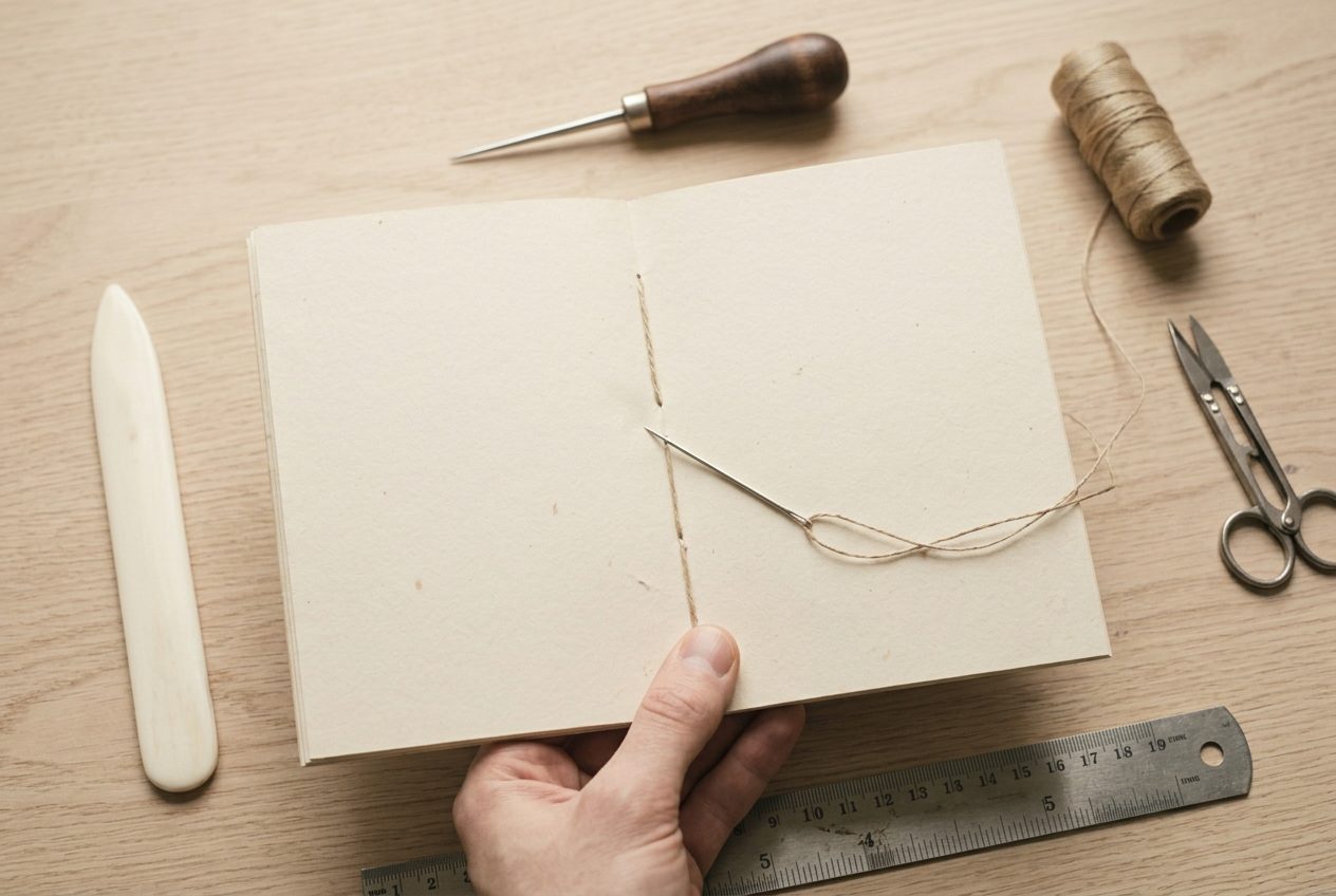 A needle drawing waxed thread through the middle stitch hole