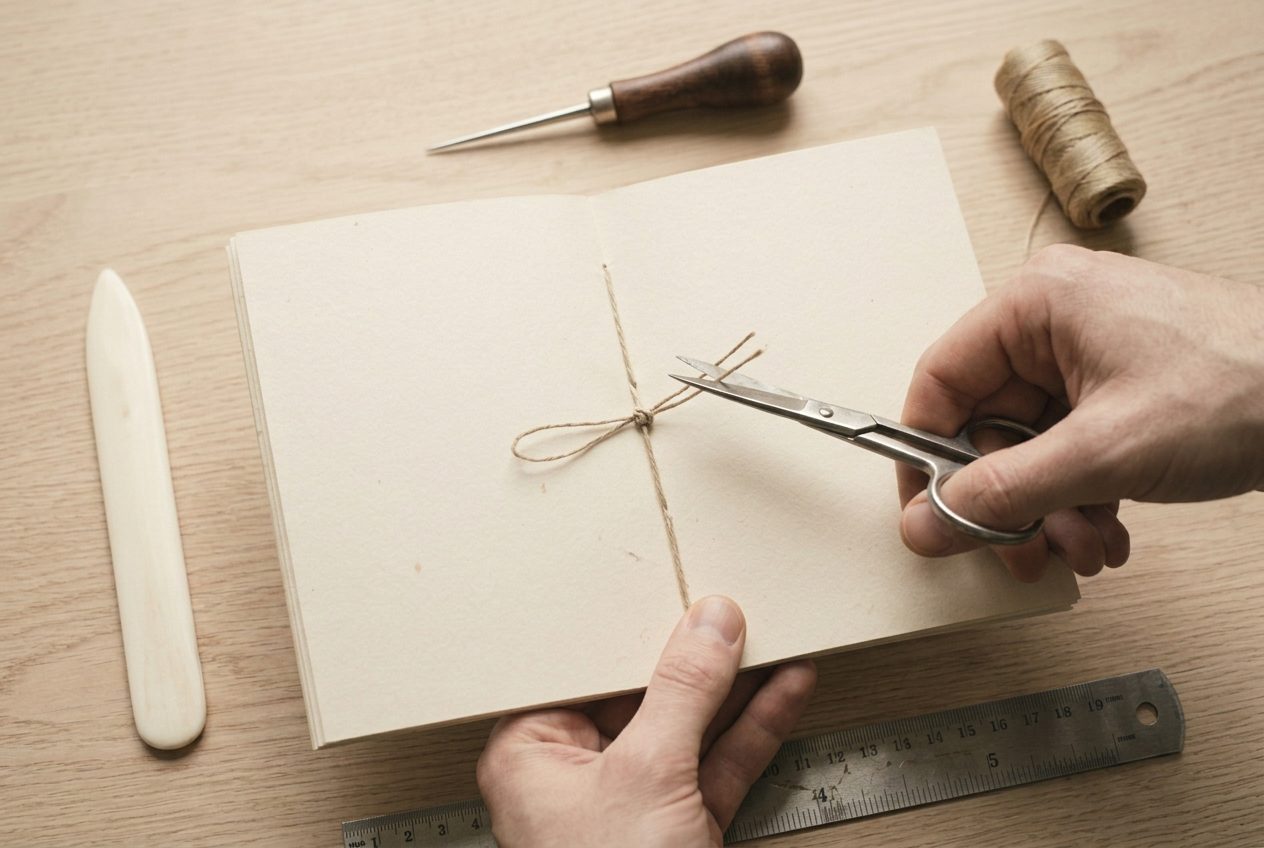 A square knot tied inside the fold with the ends being trimmed
