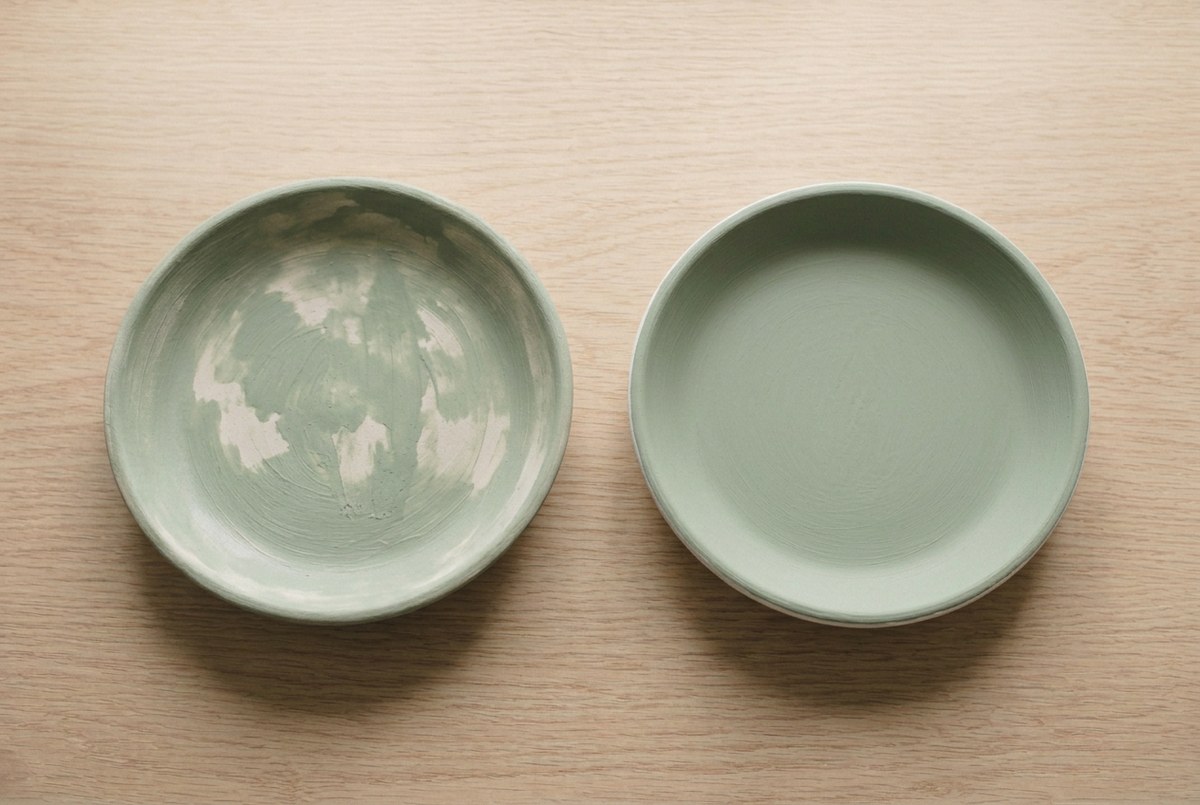 A blotchy unprimed painted dish beside an evenly primed one