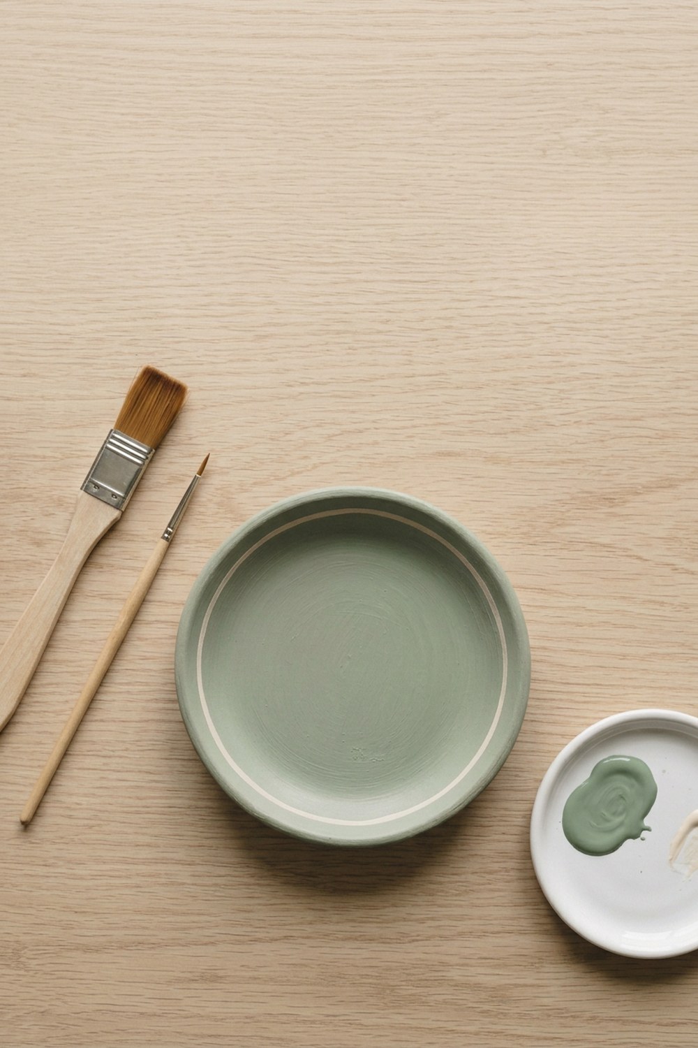 A painted green clay dish beside a brush and paint on a pale oak table