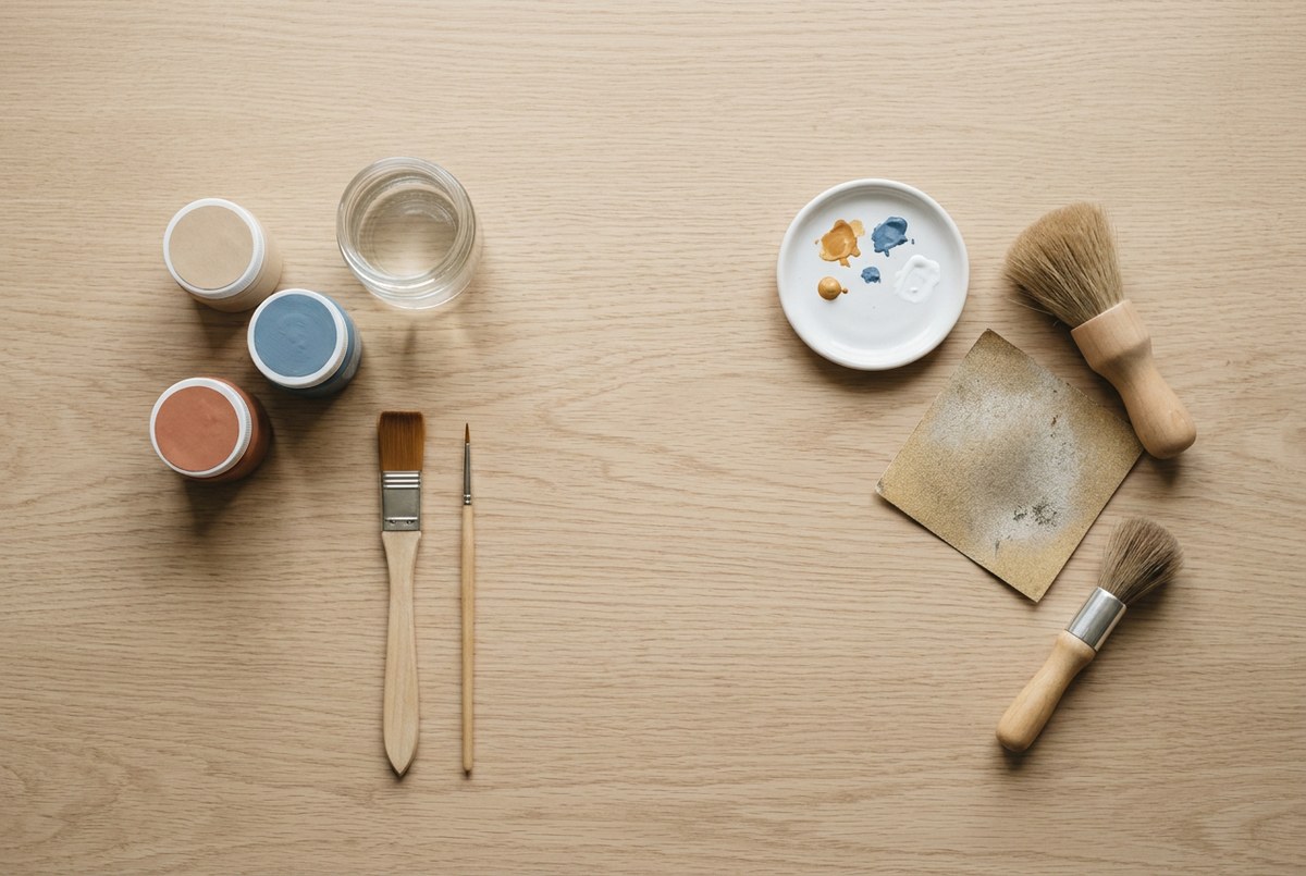 Brushes, a white palette, sandpaper and pots of acrylic paint on a pale oak table