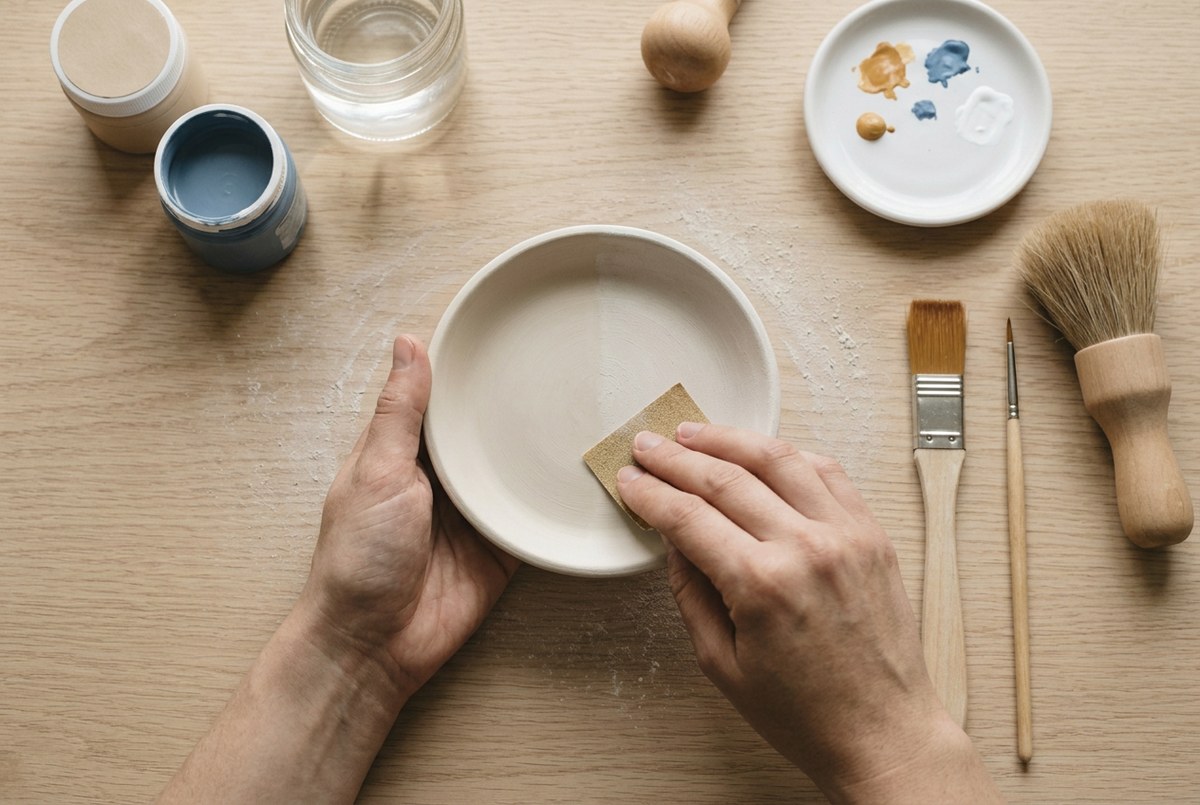 Fine sandpaper smoothing a bone-dry off-white clay dish