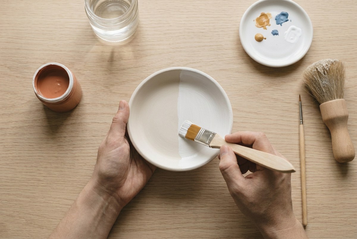 A flat brush laying a coat of white primer over a clay dish