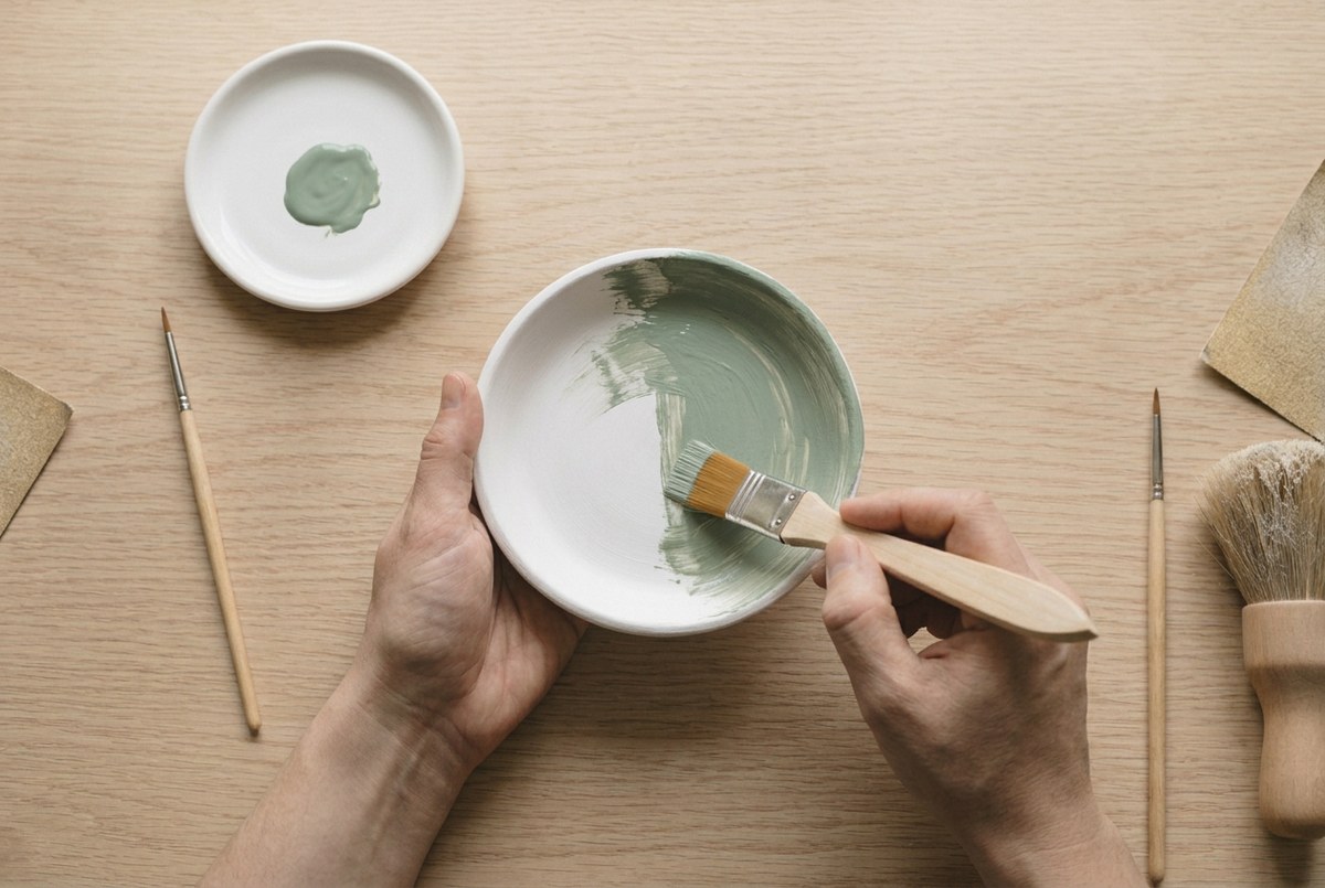 A first thin coat of colour going onto a primed clay dish