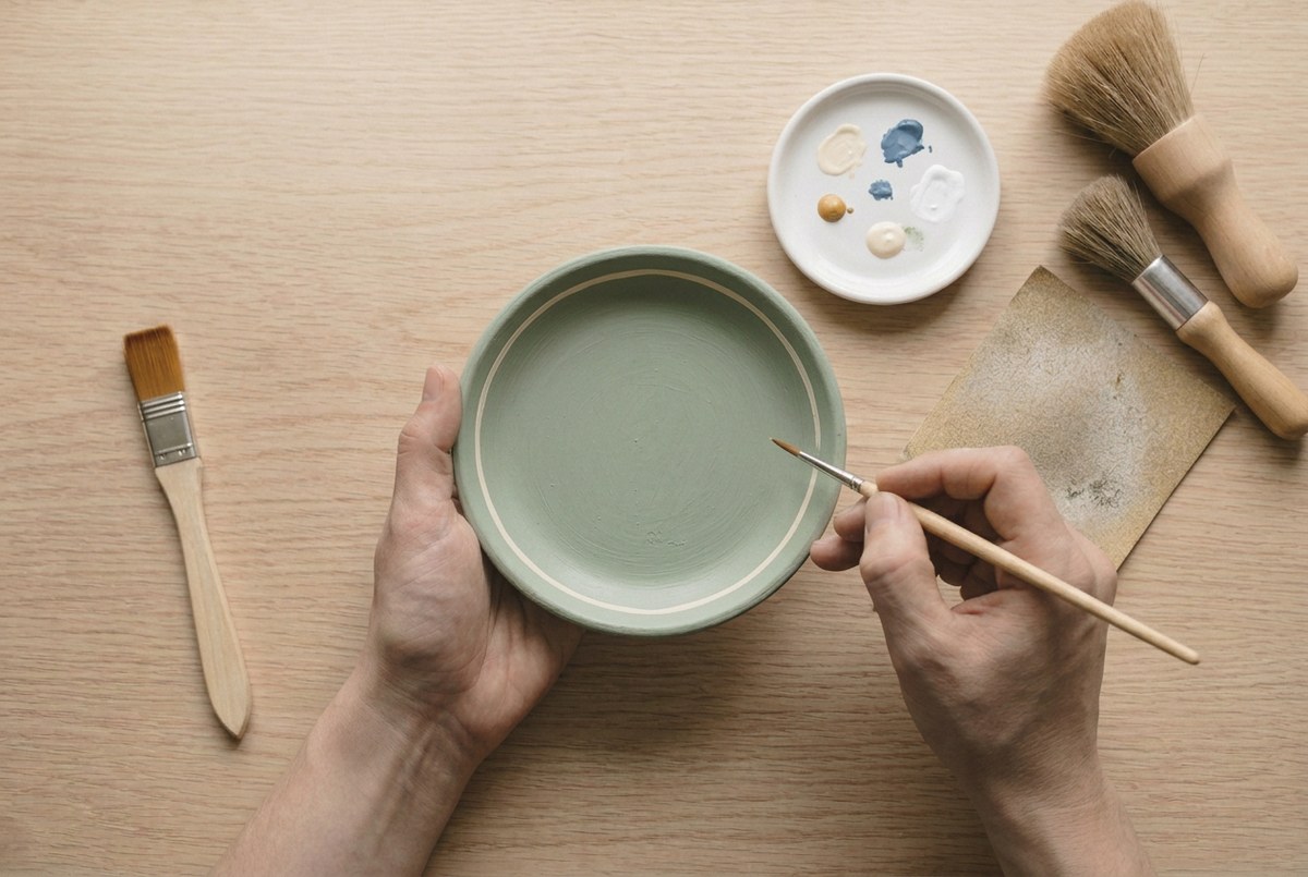 A fine brush painting a thin cream line around the rim of a dish