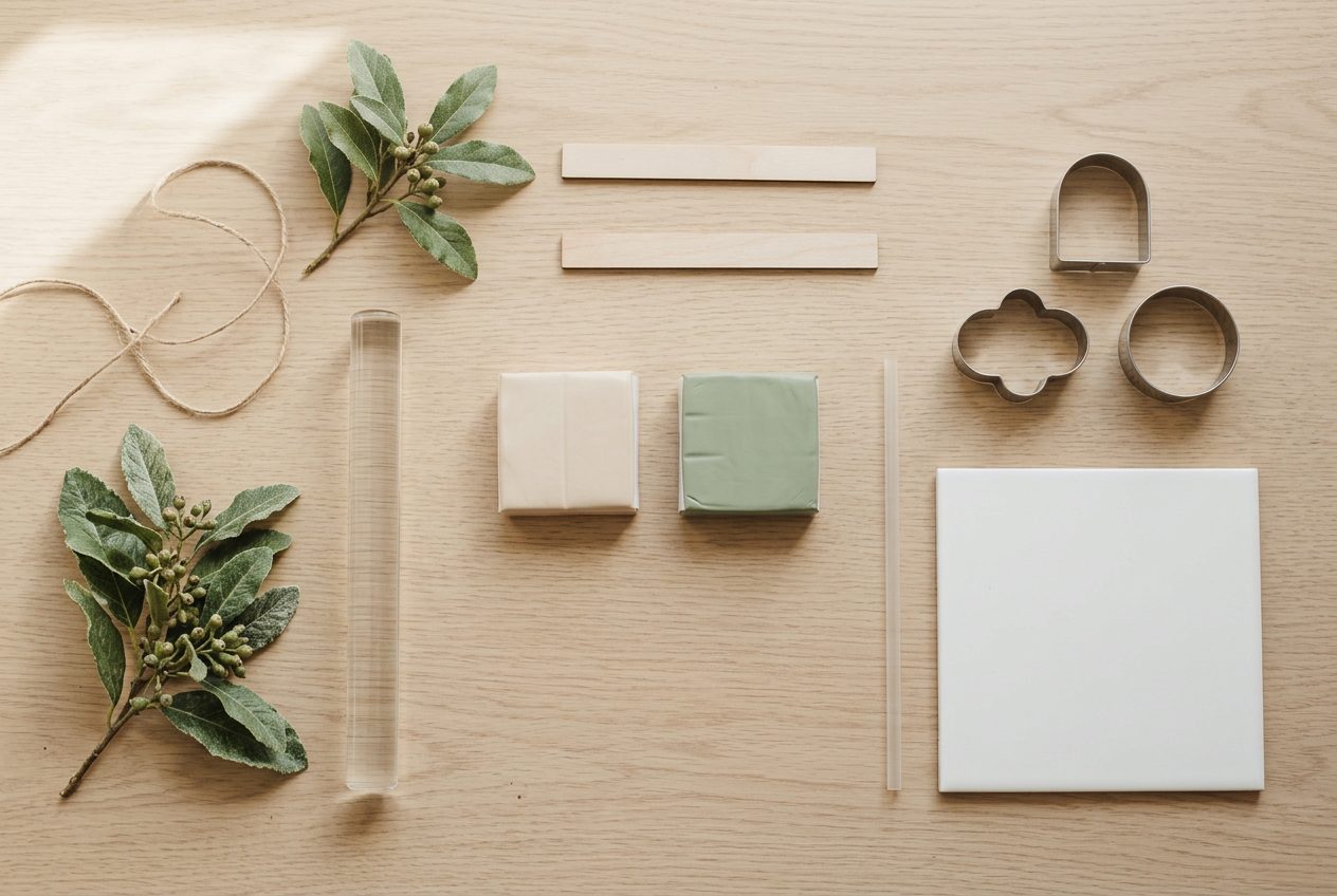 Polymer clay, a roller, cutters, a straw and twine on a white ceramic tile