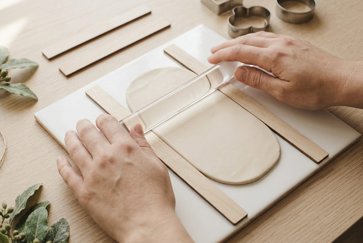 A clear roller flattening clay to an even sheet between guide strips
