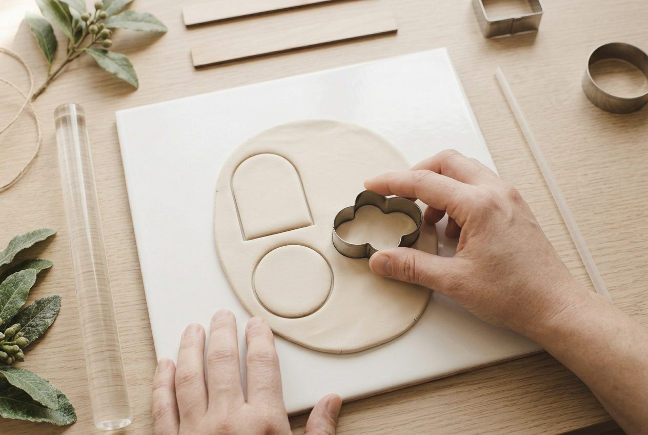 A metal cutter pressing a simple shape from an even sheet of clay