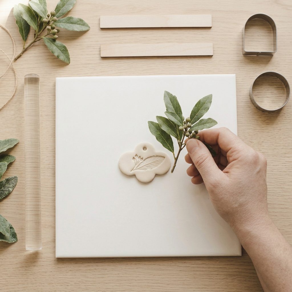 A sprig of greenery being pressed into the face of a clay shape