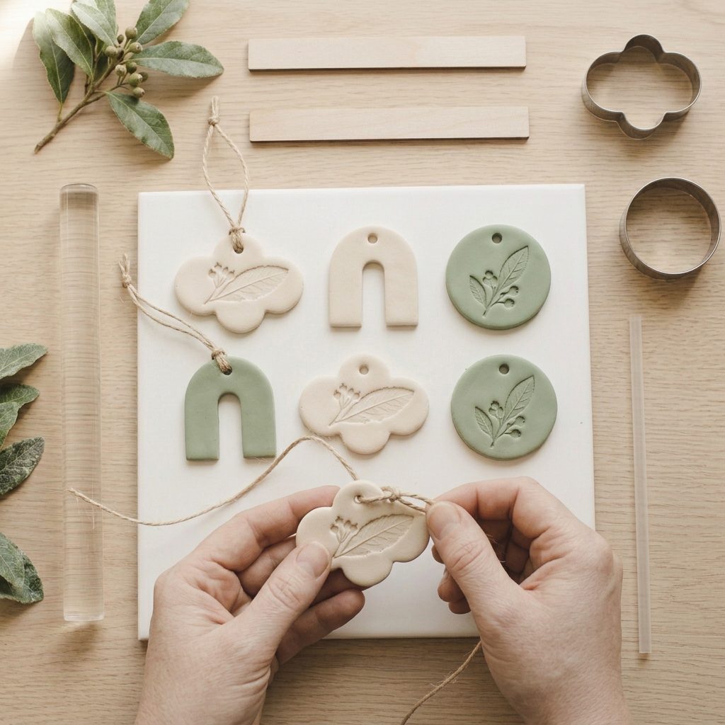Baked clay ornaments being threaded with natural twine loops