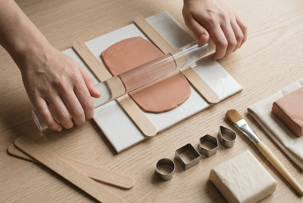 A clear roller flattening clay to an even sheet between two guide strips