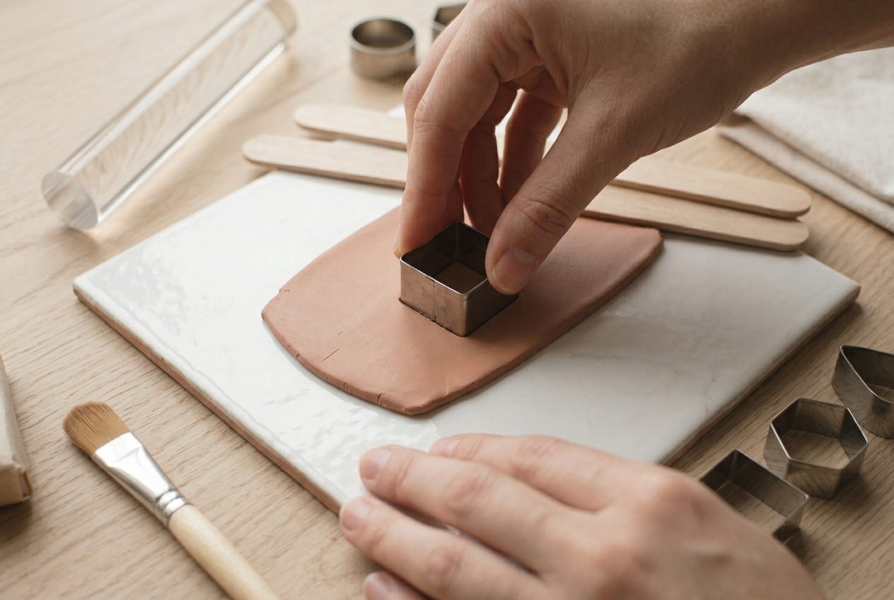 A small metal cutter being pressed vertically into a chilled clay sheet