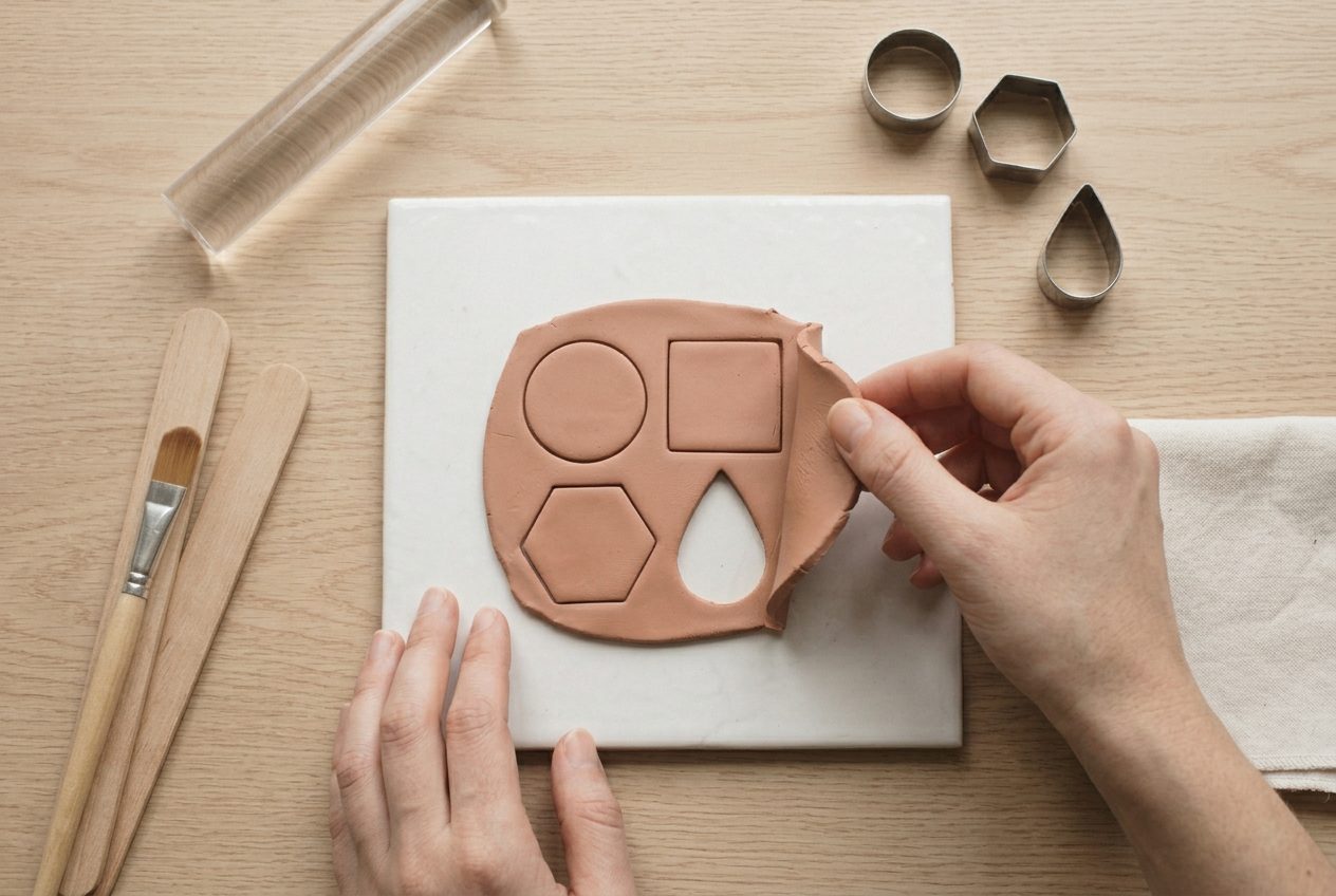 Waste clay being peeled away from around cut shapes left on the tile
