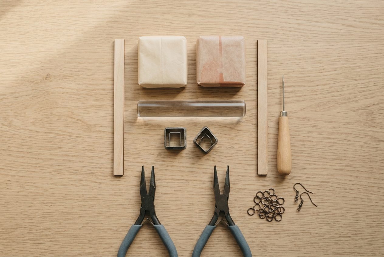 Polymer clay, a roller, small cutters, pliers and earring findings on a desk
