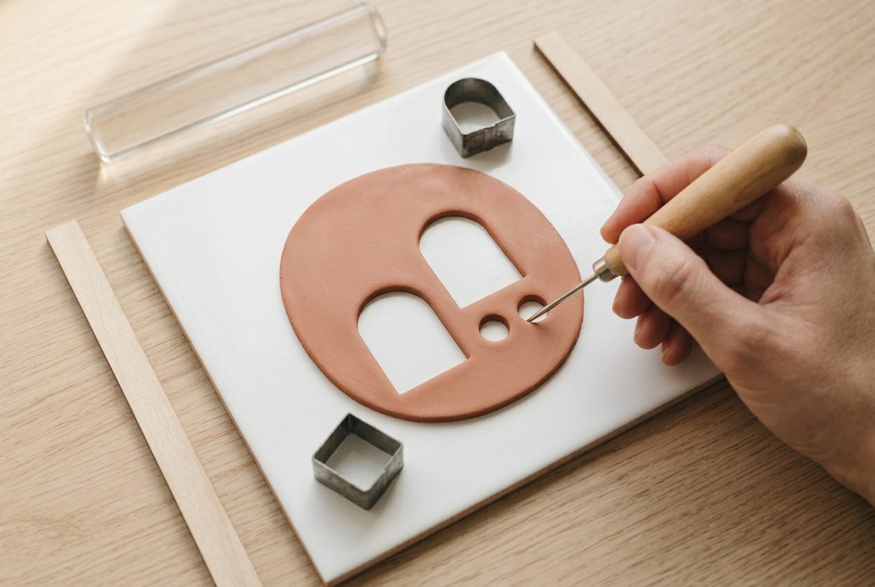 Two pairs of matching clay shapes cut from an even sheet on a tile
