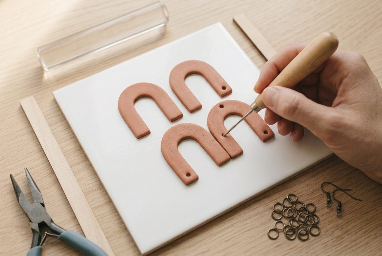 A needle tool punching a small hole near the edge of a flat clay shape
