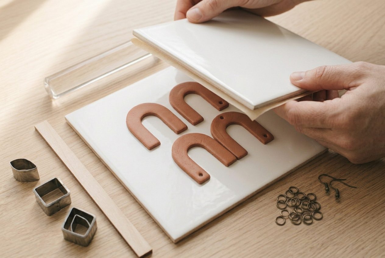 Four flat clay shapes covered by a second ceramic tile ready to bake