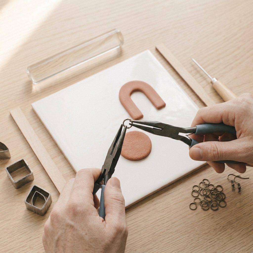 Two pairs of pliers opening a jump ring sideways to join two clay pieces