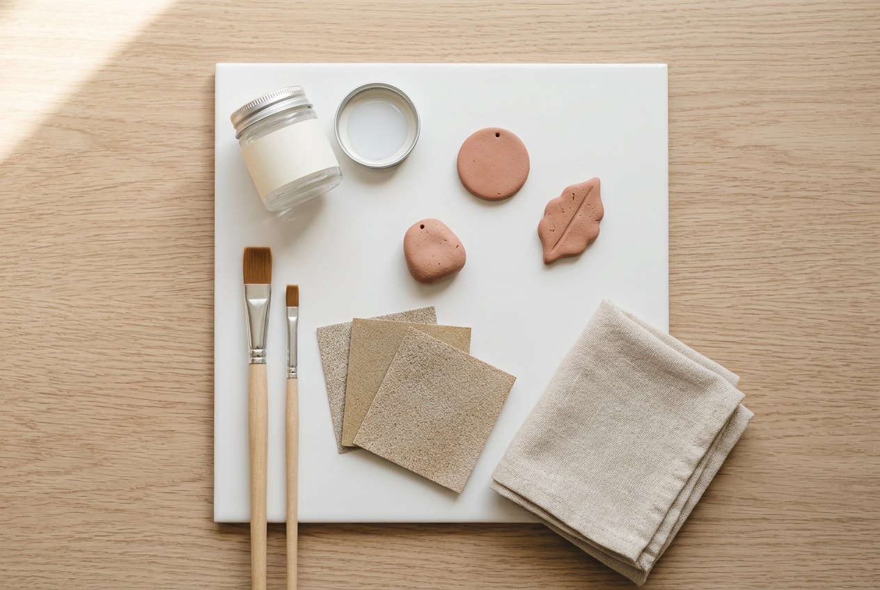 A pot of glaze, soft brushes, sandpaper and a ceramic tile on a pale oak desk