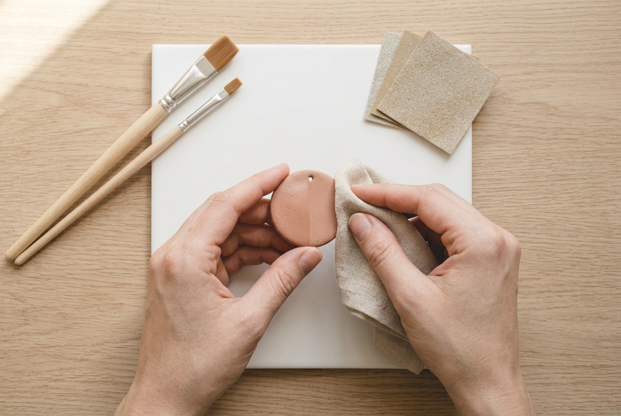 A soft cloth buffing a baked clay charm to a natural sheen