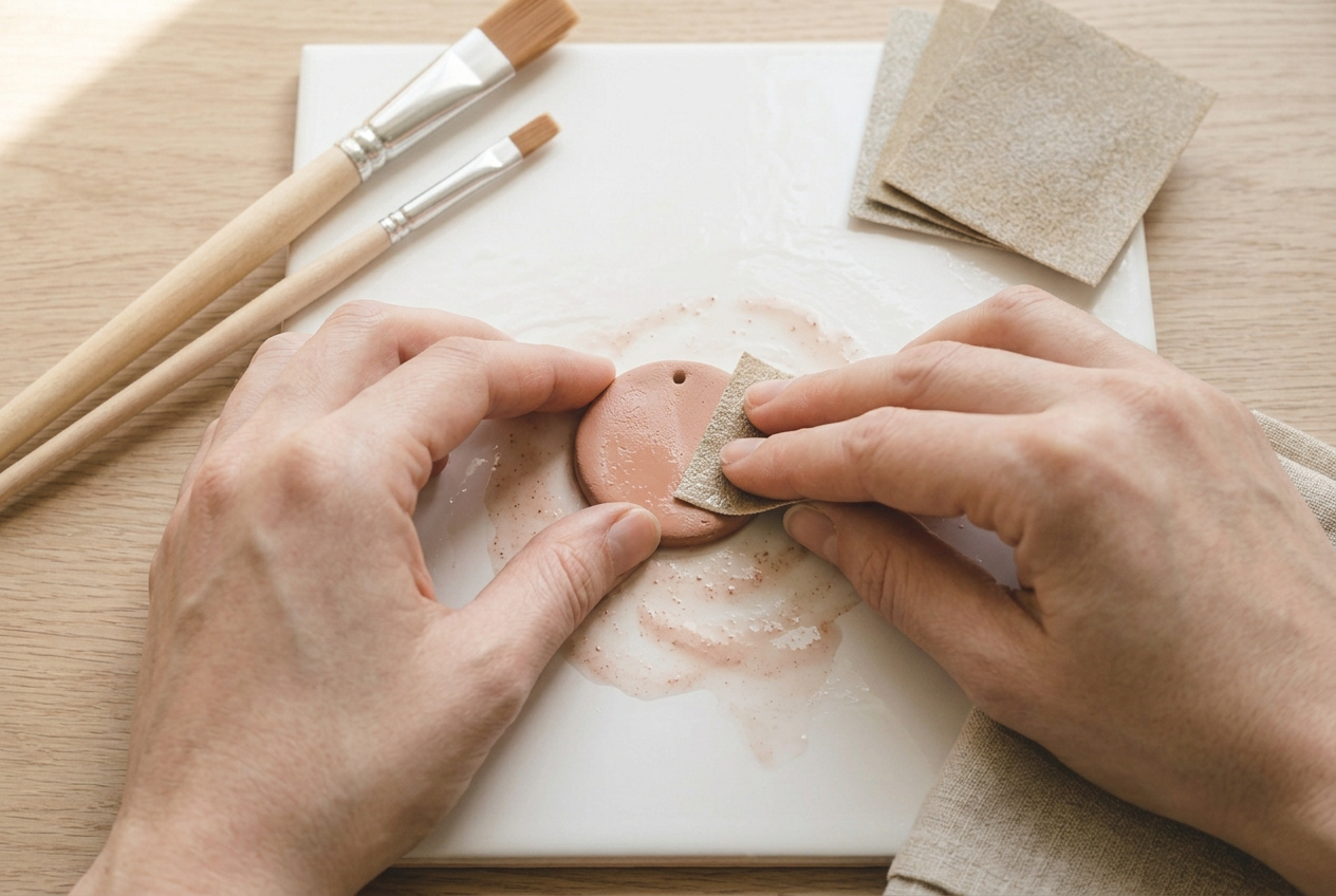 Wet and dry sandpaper smoothing a baked clay charm under water