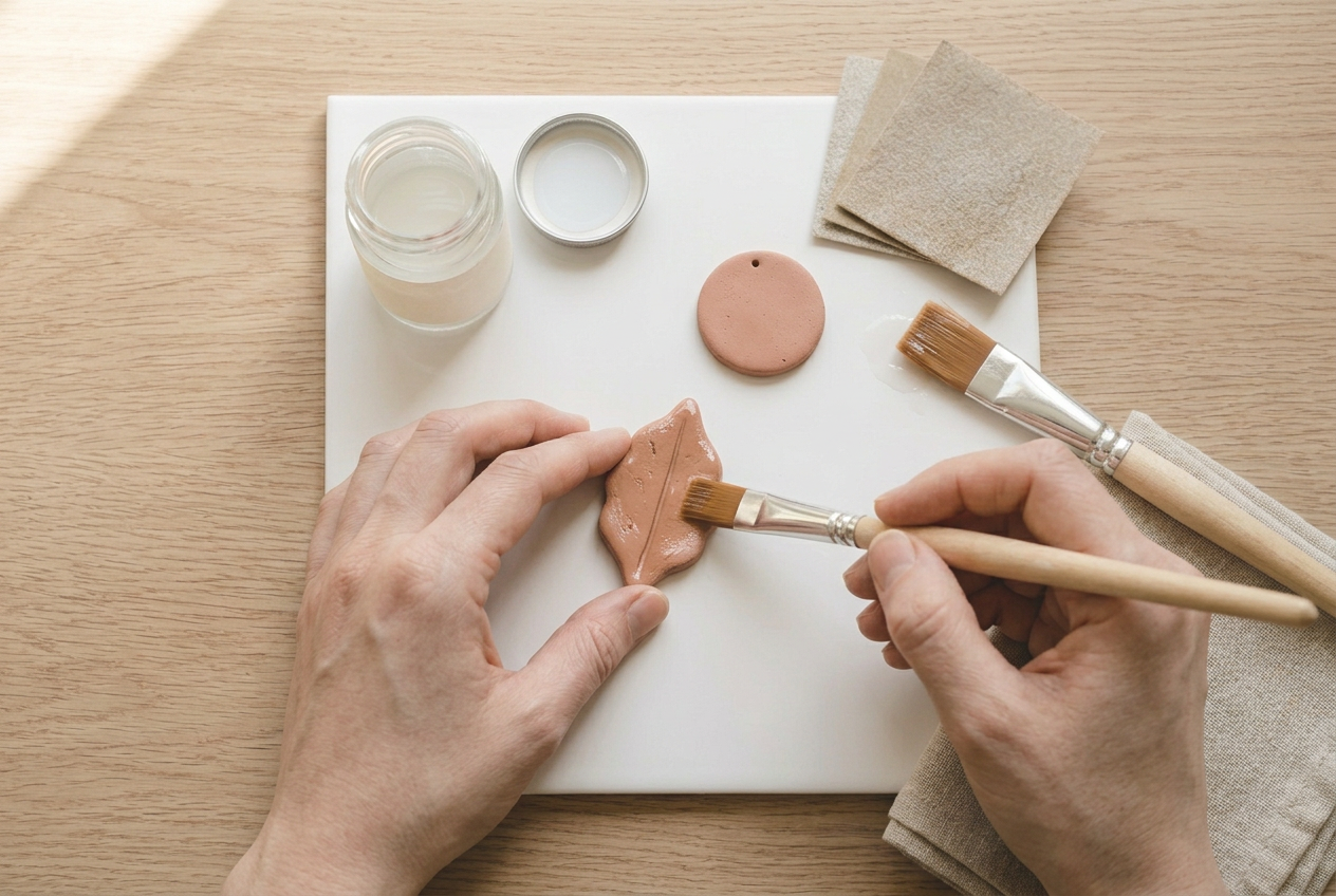 A brush laying test glaze on a baked scrap of clay beside a finished charm