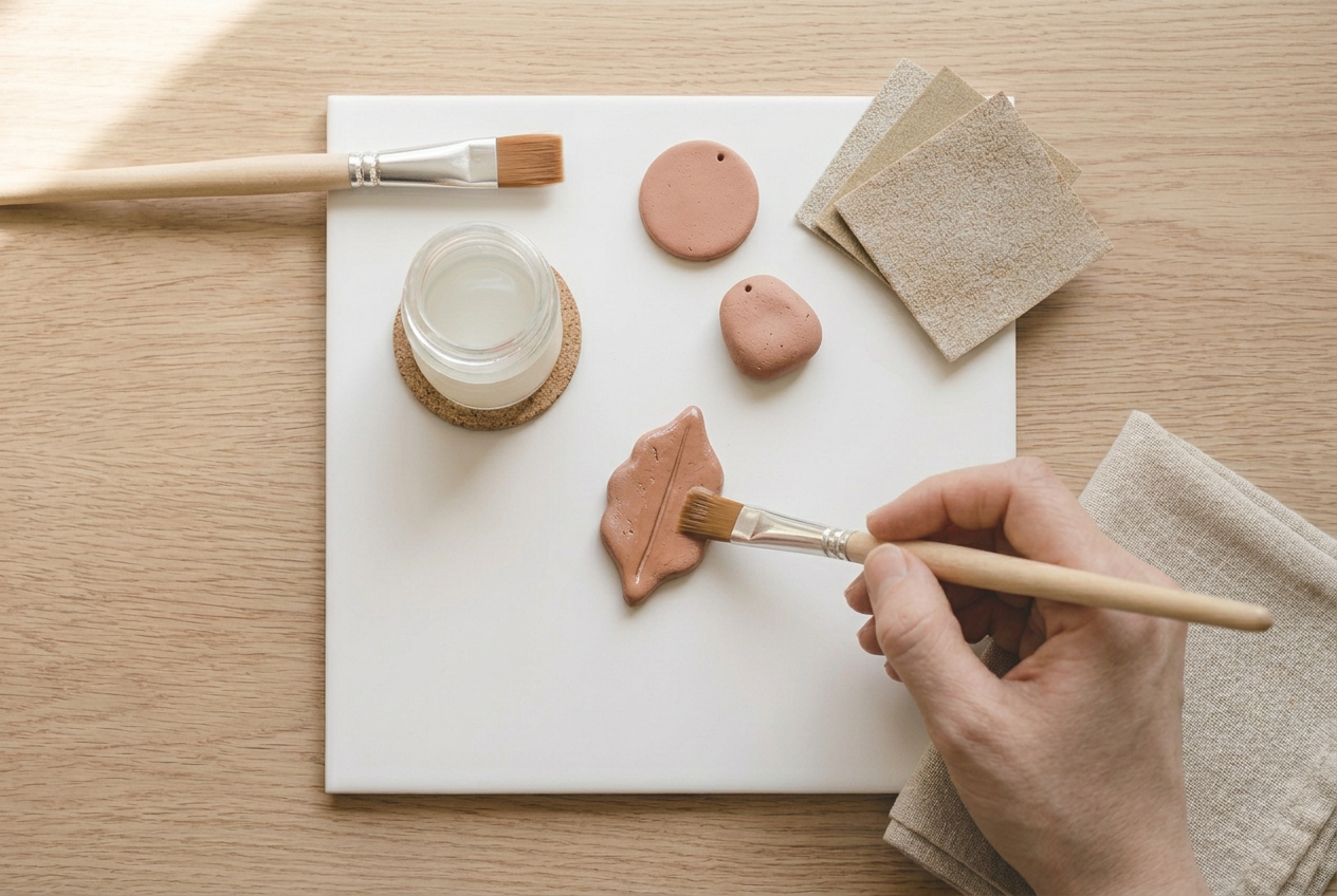 A soft brush laying a thin even coat of glaze across a clay charm