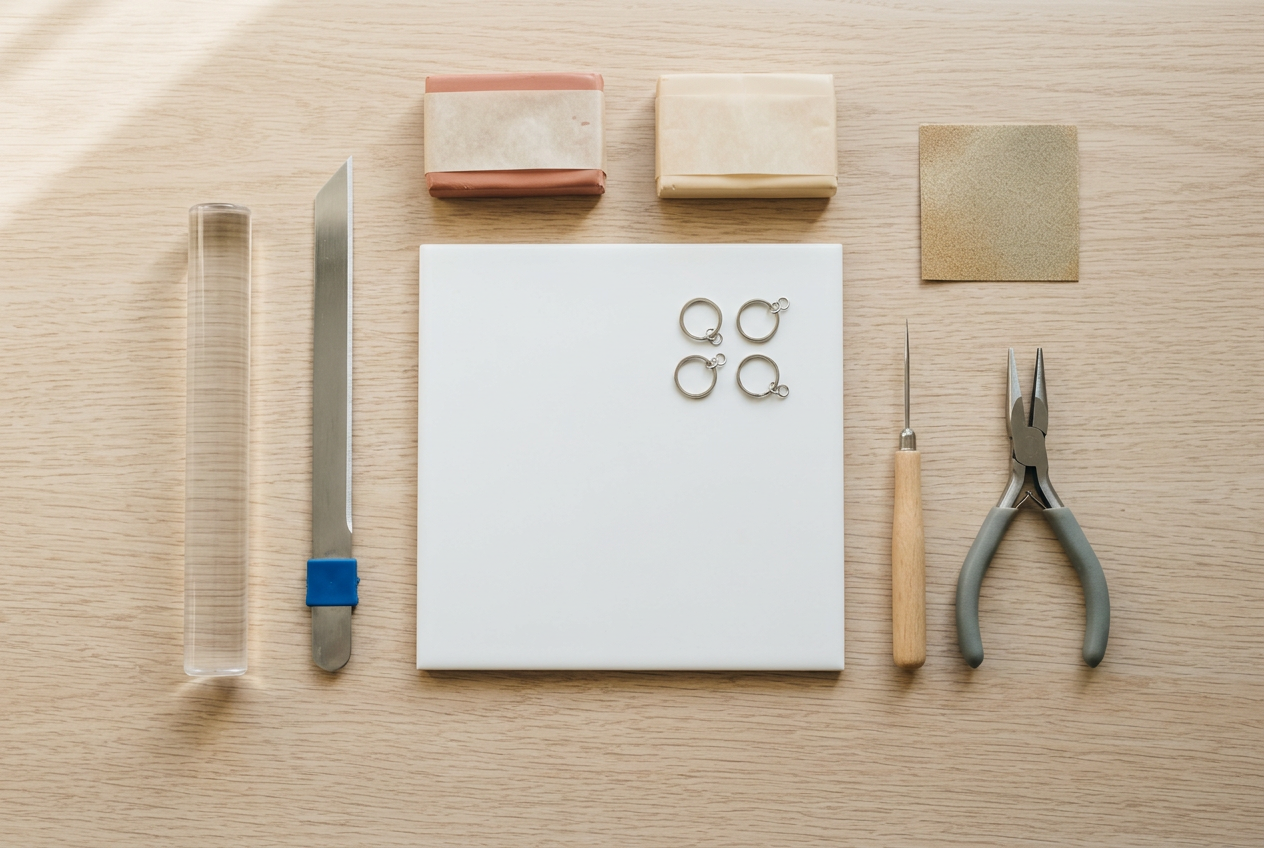 Polymer clay blocks, a tissue blade, a needle tool and plain keyring findings on a pale oak desk