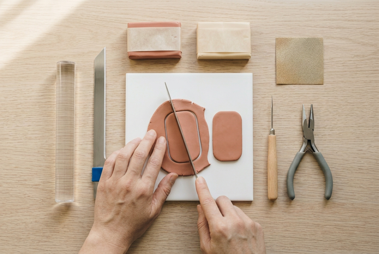 A tissue blade cutting a rounded keychain tag from a clay sheet