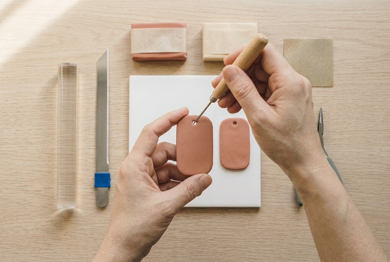 A needle tool piercing a hole set well in from the edge of a clay tag