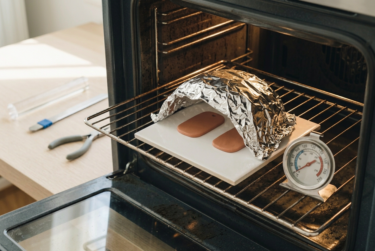 Clay tags under a foil tent on a tile beside an oven thermometer