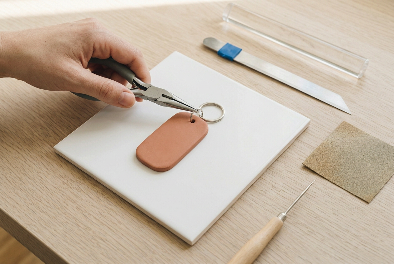 Small pliers closing a jump ring through the hole in a finished clay tag